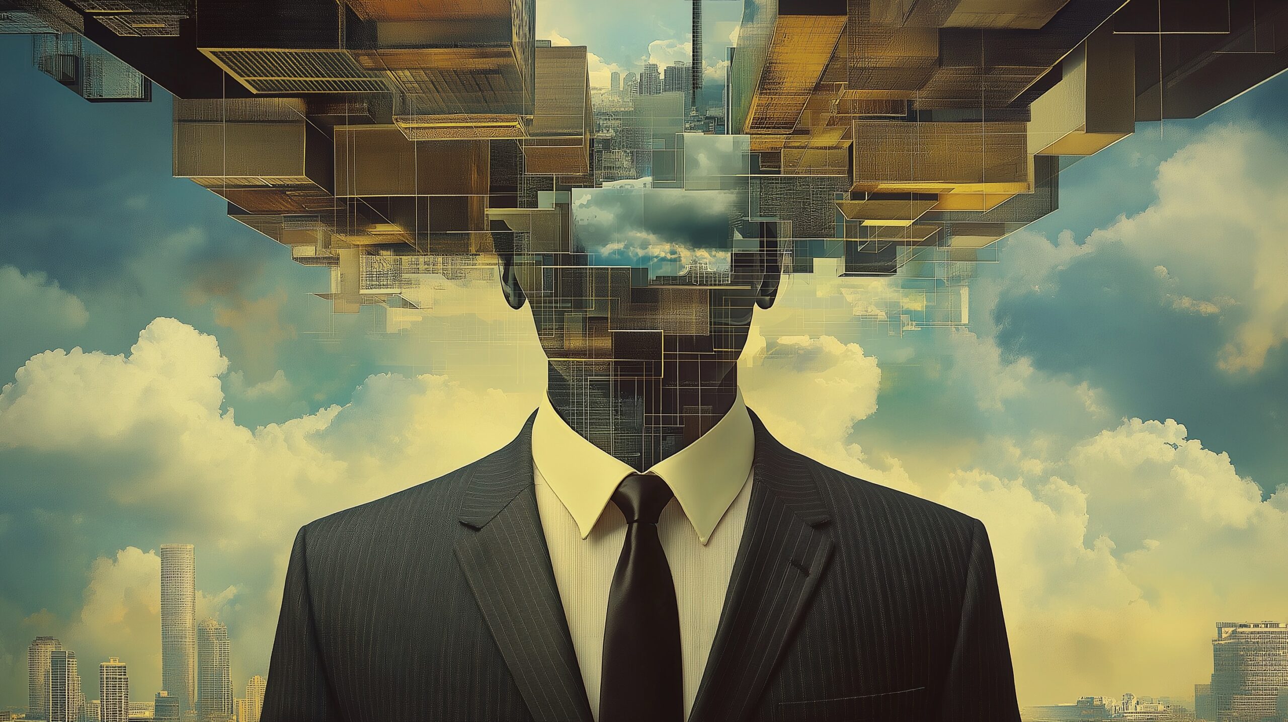 man in a business suit, where his head is replaced by a complex collage of cityscapes and buildings, creating a visually intriguing blend of urban architecture and human form. The cities are mirrored above and below, with clouds interspersed, suggesting a deep integration or intersection between the man's identity and the urban environment, potentially symbolizing his thoughts or the complexity of his mind.