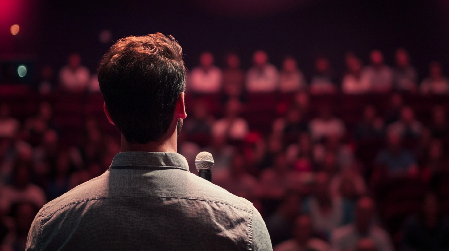 A man stands facing an attentive audience in a dimly lit auditorium, holding a microphone, possibly delivering a speech or presentation.