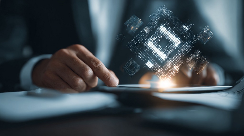 Banker verifying trade finance documents with blockchain technology