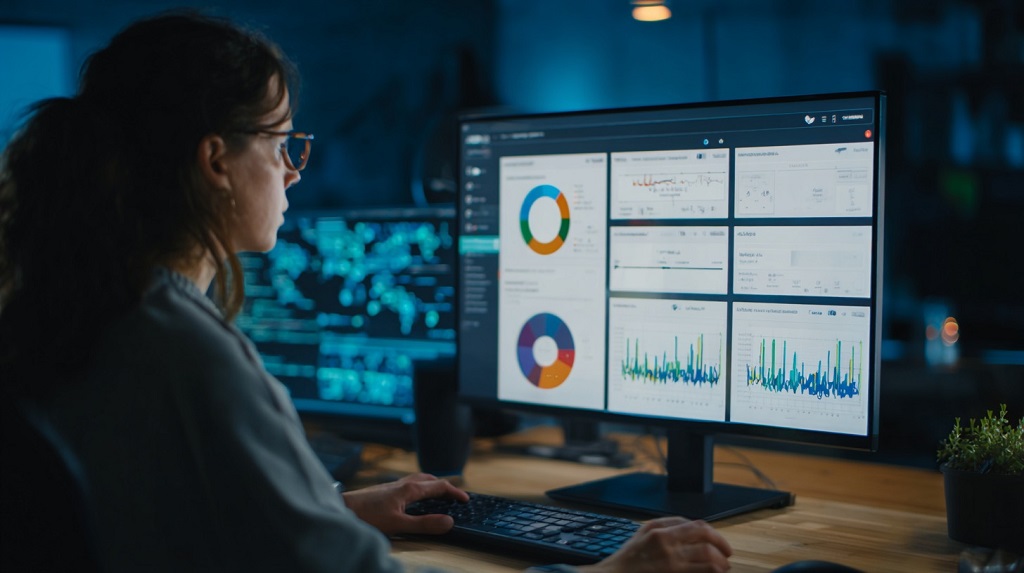 Bank officer using RegTech software dashboard for real-time monitoring
