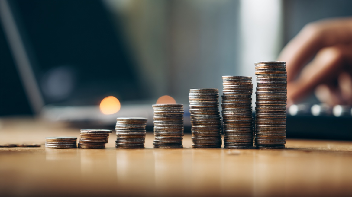 Stacks of coins increasing in size beside a person using a laptop