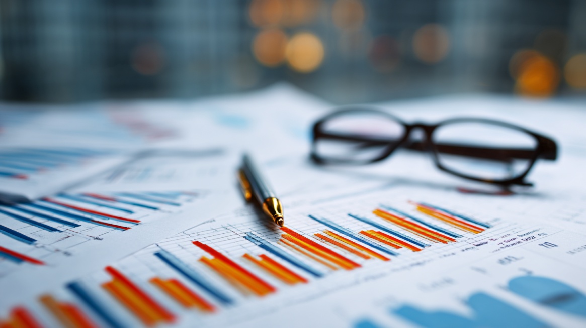 Financial reports with colorful charts, glasses, and a pen on a desk