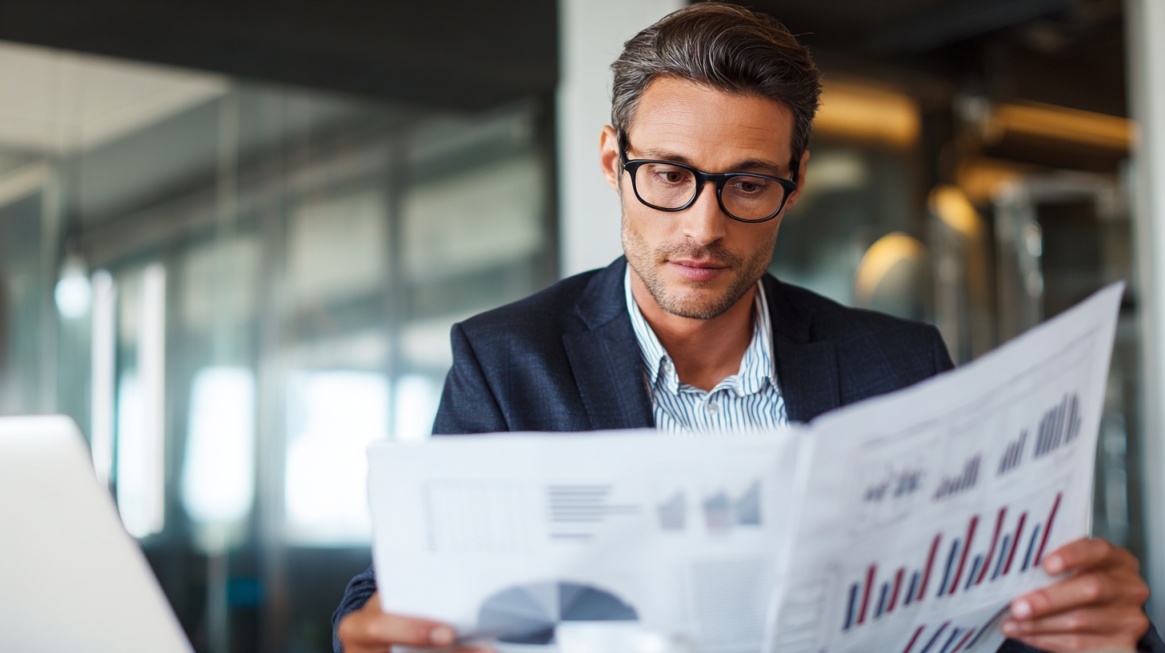 Business professional reviewing financial reports and charts in an office.
